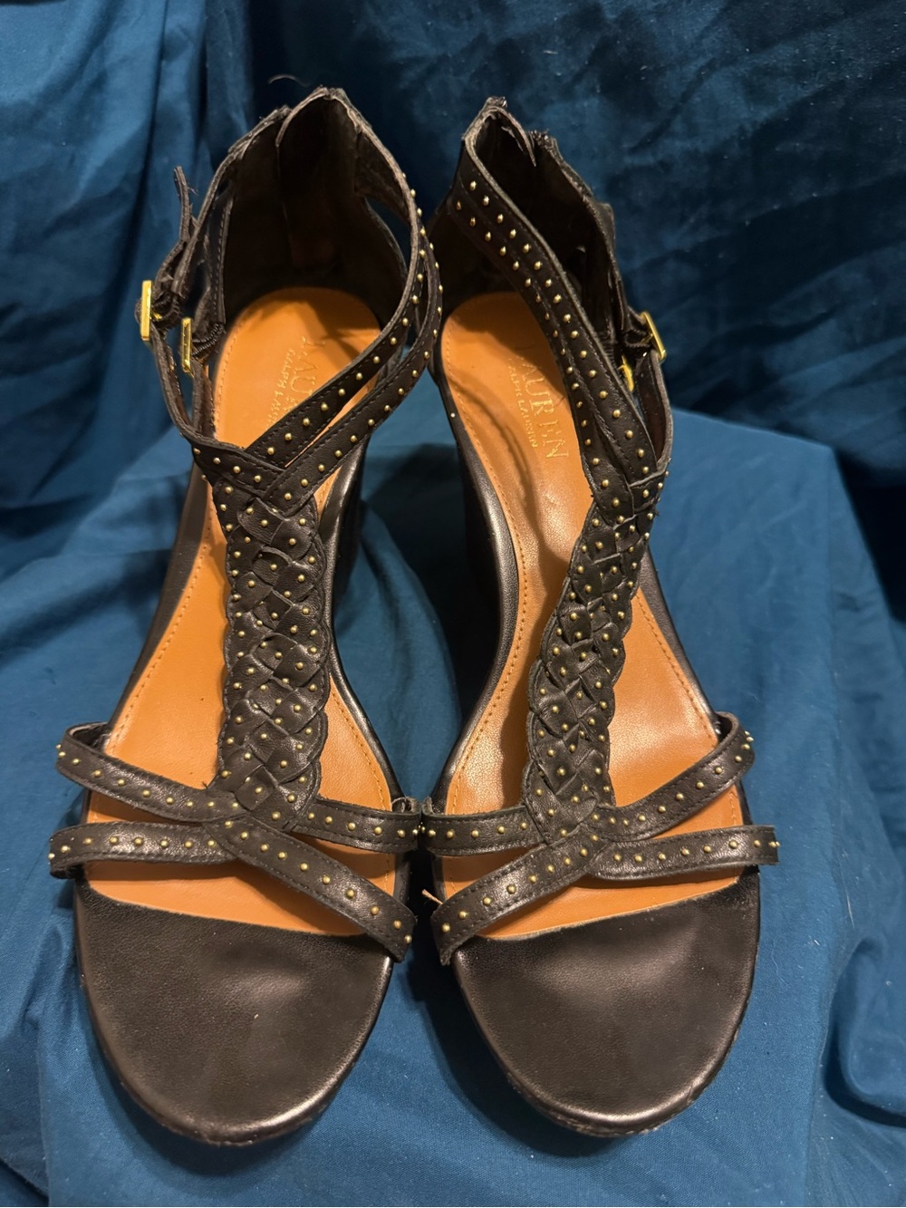 Lauren Ralph Lauren Black Braided Studded T-Strap Heels